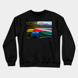 Canoes on Cavell Lake Jasper National Park Alberta Canada Pyramid Mountain Crewneck Sweatshirt